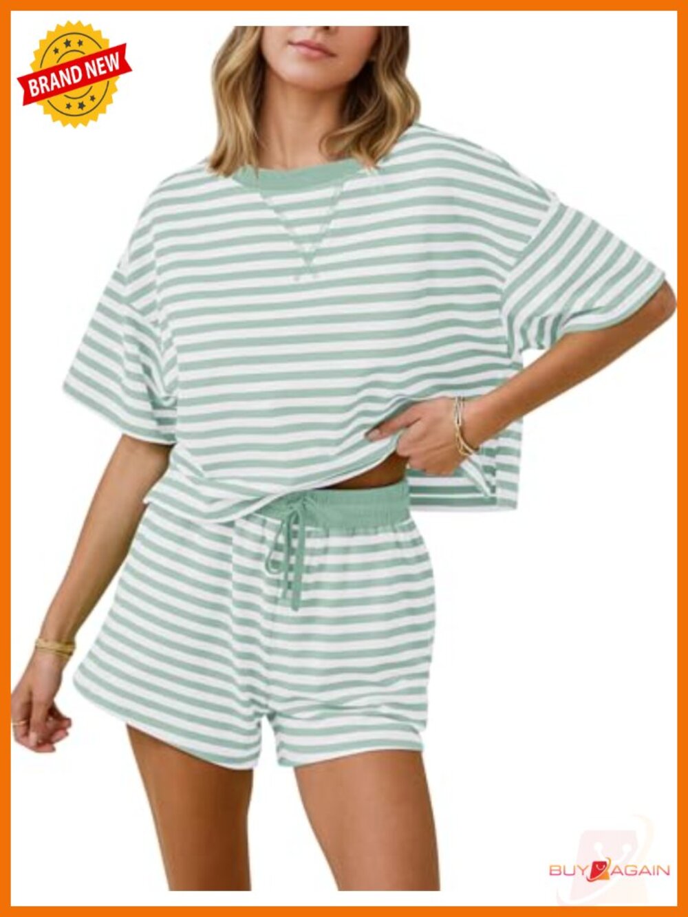Striped Cotton Blend Lounge 2 Piece Set Short Sleeve Tee Drawstring Shorts